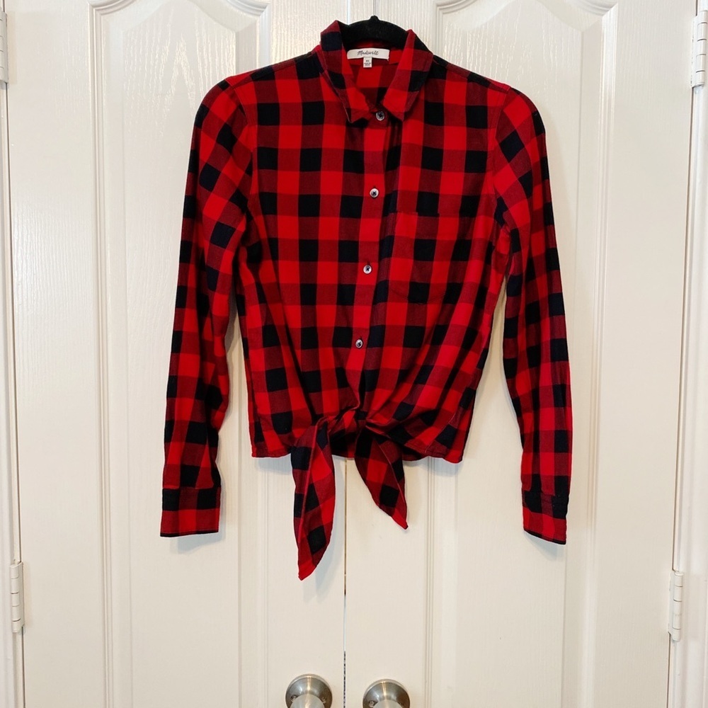 Madewell Woman’s Buffalo Checkers Tie Front Long Sleeve Button Down Shirt XS